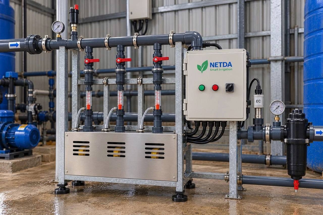 Cụm đường ống, lưu lượng kế, van khóa, cảm biến EC và tủ điều khiển NETDA